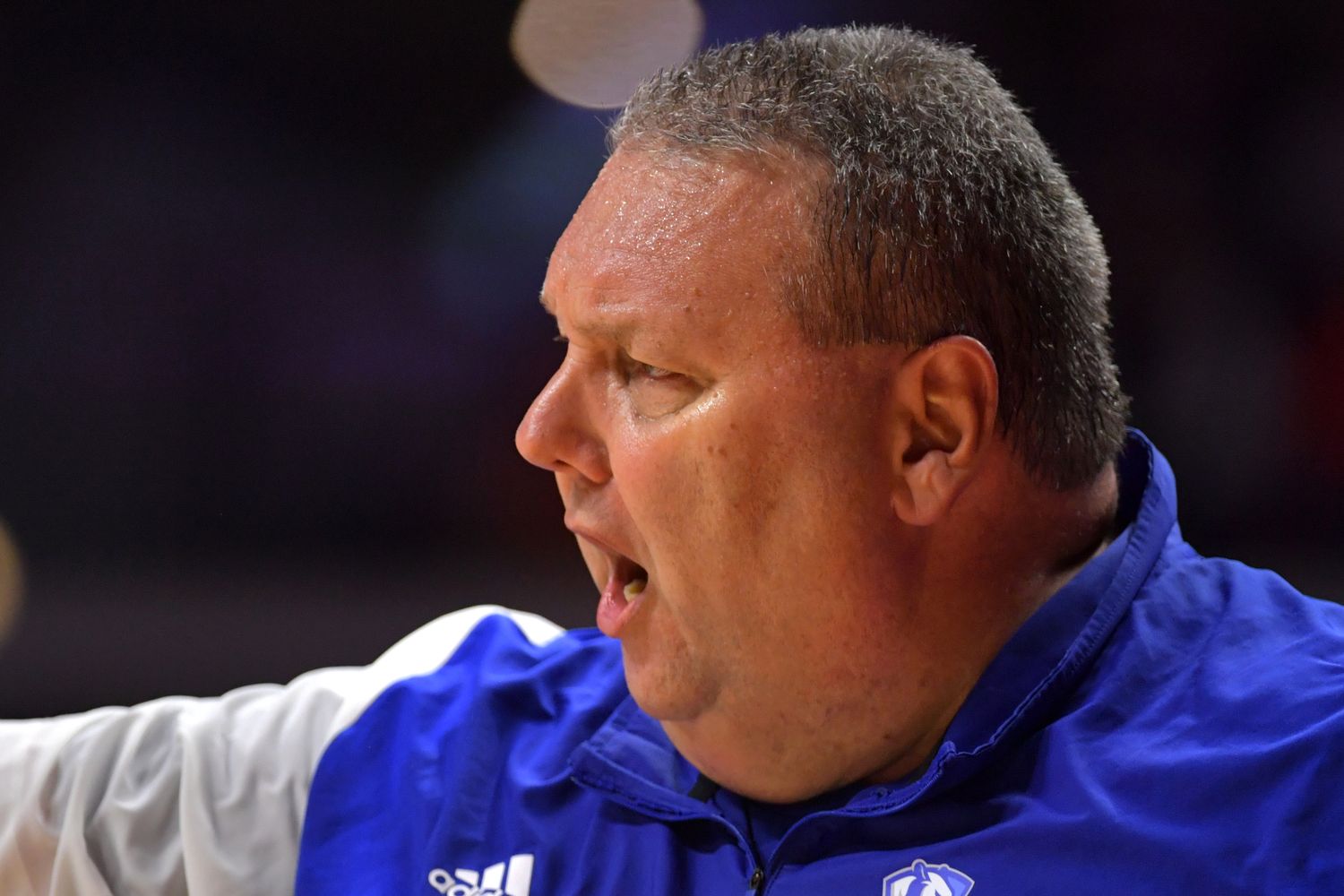 Nov 6, 2023; Champaign, Illinois, USA; Eastern Illinois Panthers head coach Marty Simmons reacts to a call during the second half against the Illinois Fighting Illini at State Farm Center. Mandatory Credit: Ron Johnson-USA TODAY Sports  